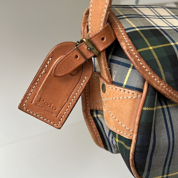 Ralph Lauren Vintage Tartan Plaid Blue Green Leather Brass Canvas Plaid Bag - Picture 6 of 15